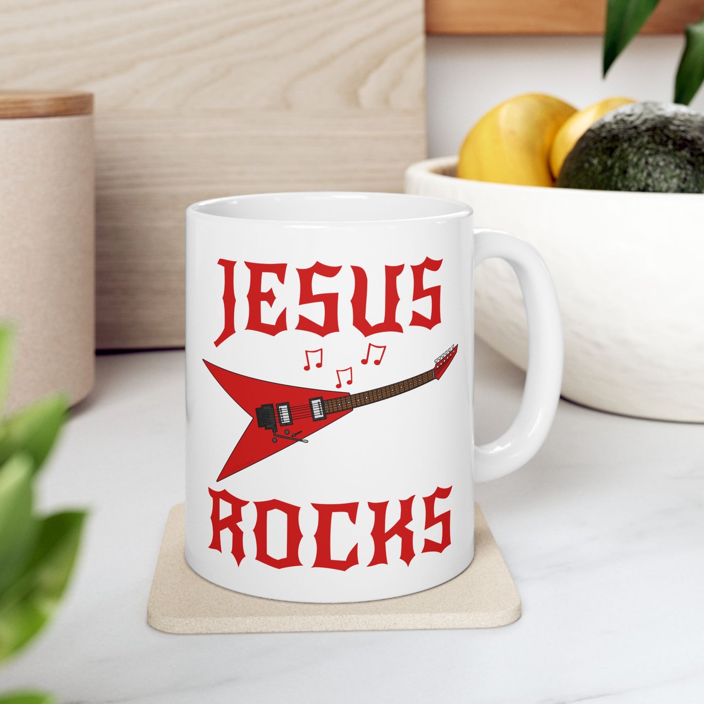 Church Guitarist Mug - Jesus Rocks - Electric Guitar Mug - Christian Musician Gift (USA)