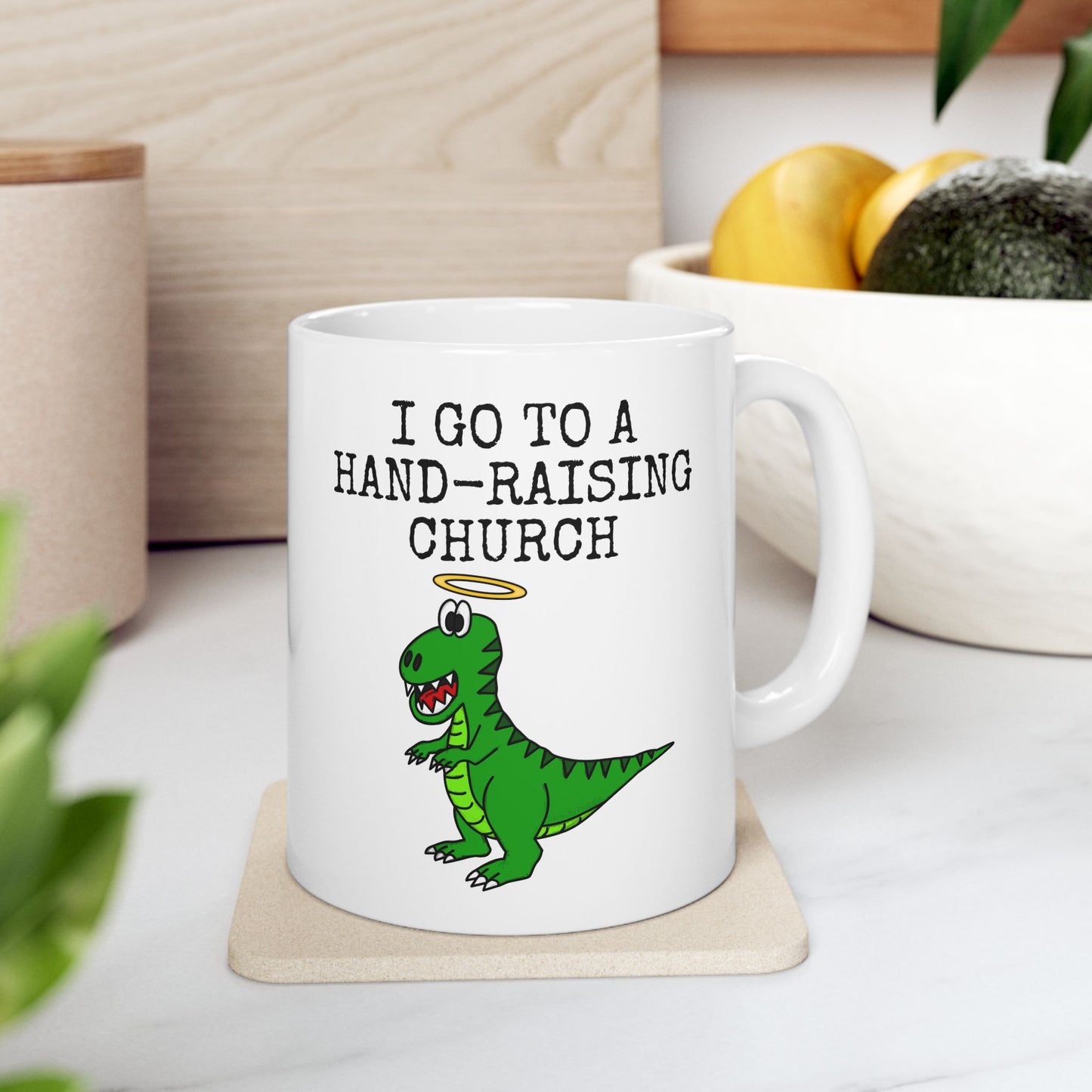 Christian Dinosaur Mug - I Go To A Hand-Raising Church - Worship Leader Mug - Funny Christian Gift - (USA)