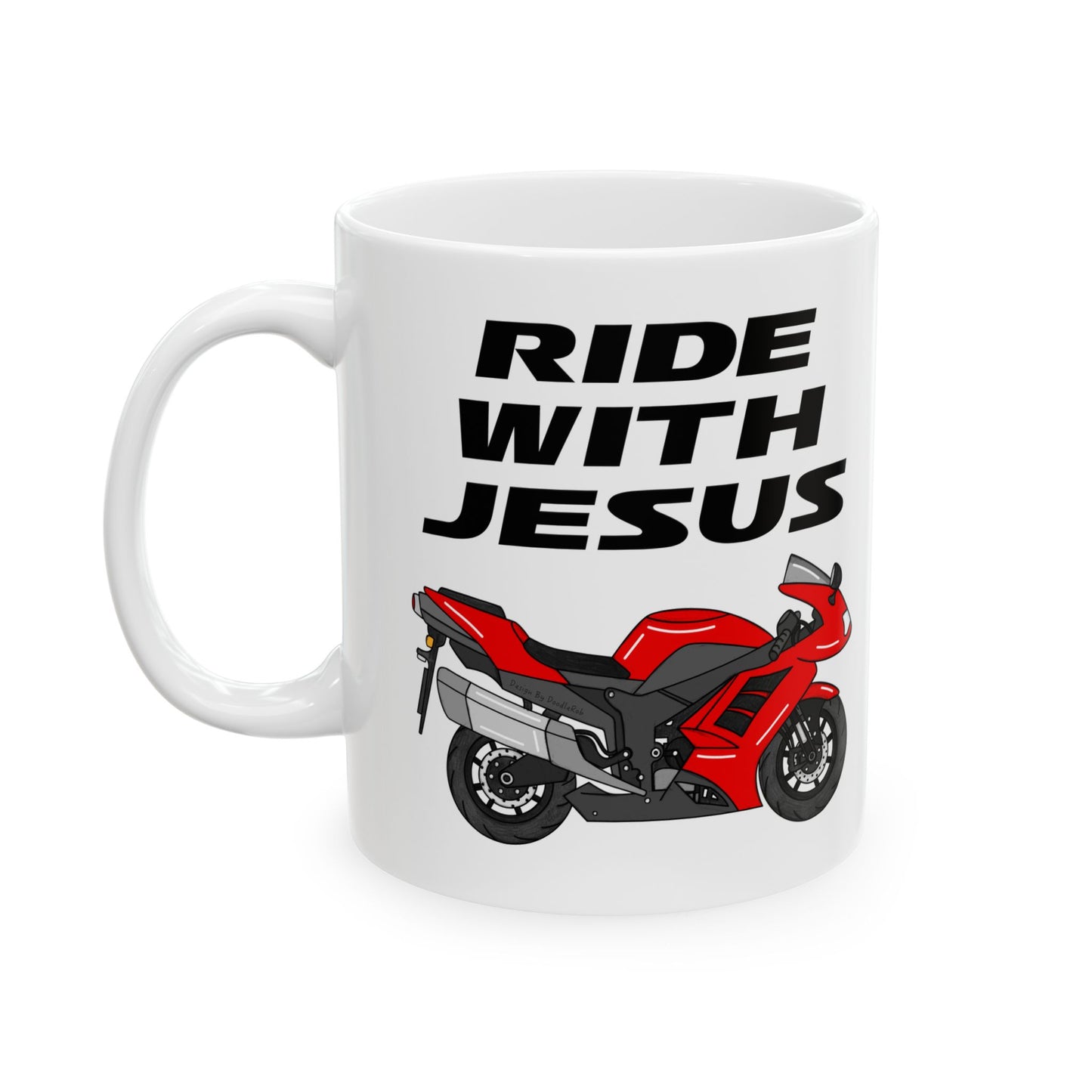 Christian Biker Mug - Ride With Jesus - Church Motorbike Mug - Gift For Motorcycle Enthusiast (USA)