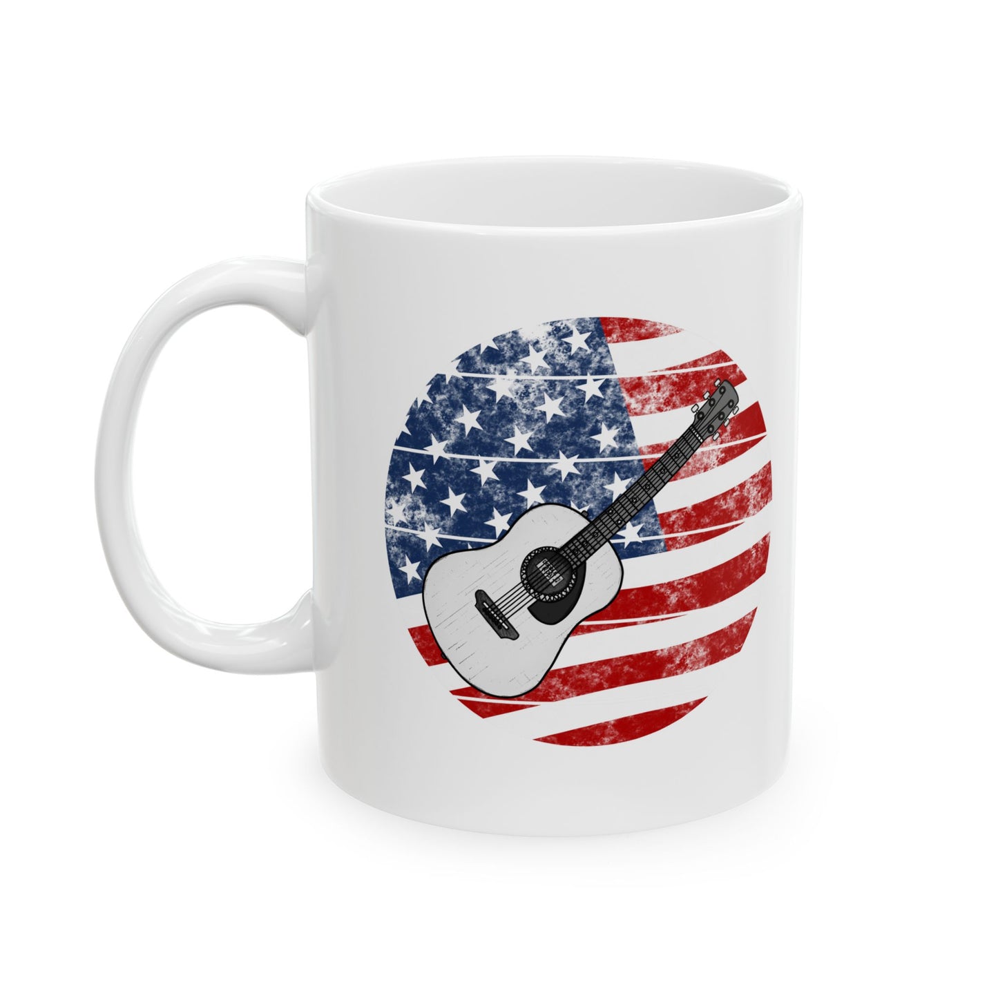 USA Flag Acoustic Guitar Mug - Patriotic Guitarist Gift - 4th July Musician Mug