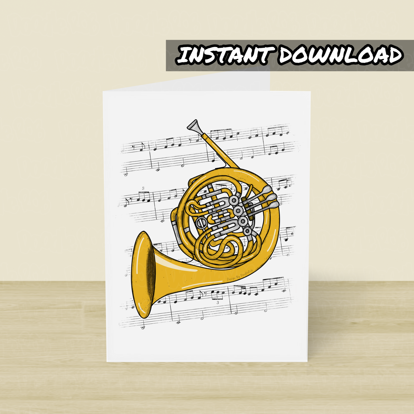 French Horn Printable Card (Music Notation) - Horn Player Greeting Card - Digital Download To Print Yourself
