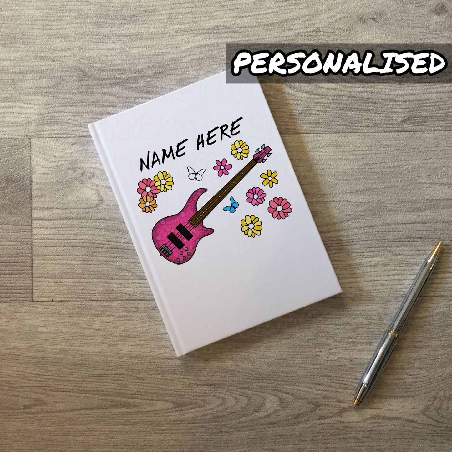 Floral Bass Guitar Personalised Journal - Bassist Custom Notebook - Female Bass Player Gift