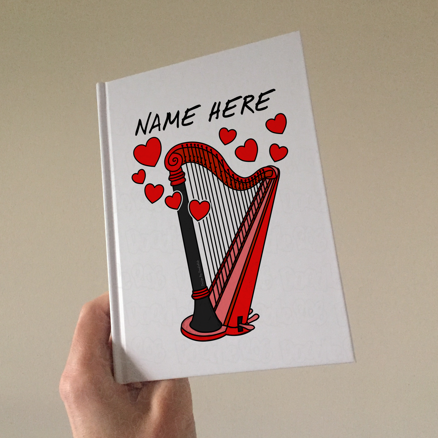 Harp Personalised Journal (Hearts) - Wedding Harpist Notebook - String Musician Valentines Gift