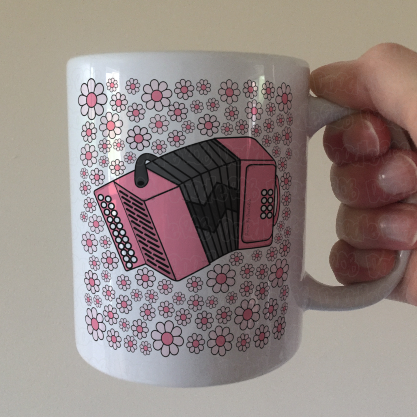 Accordion Floral Mug (Pink Flowers) - Female Accordionist - Folk Musician Gift For Girl