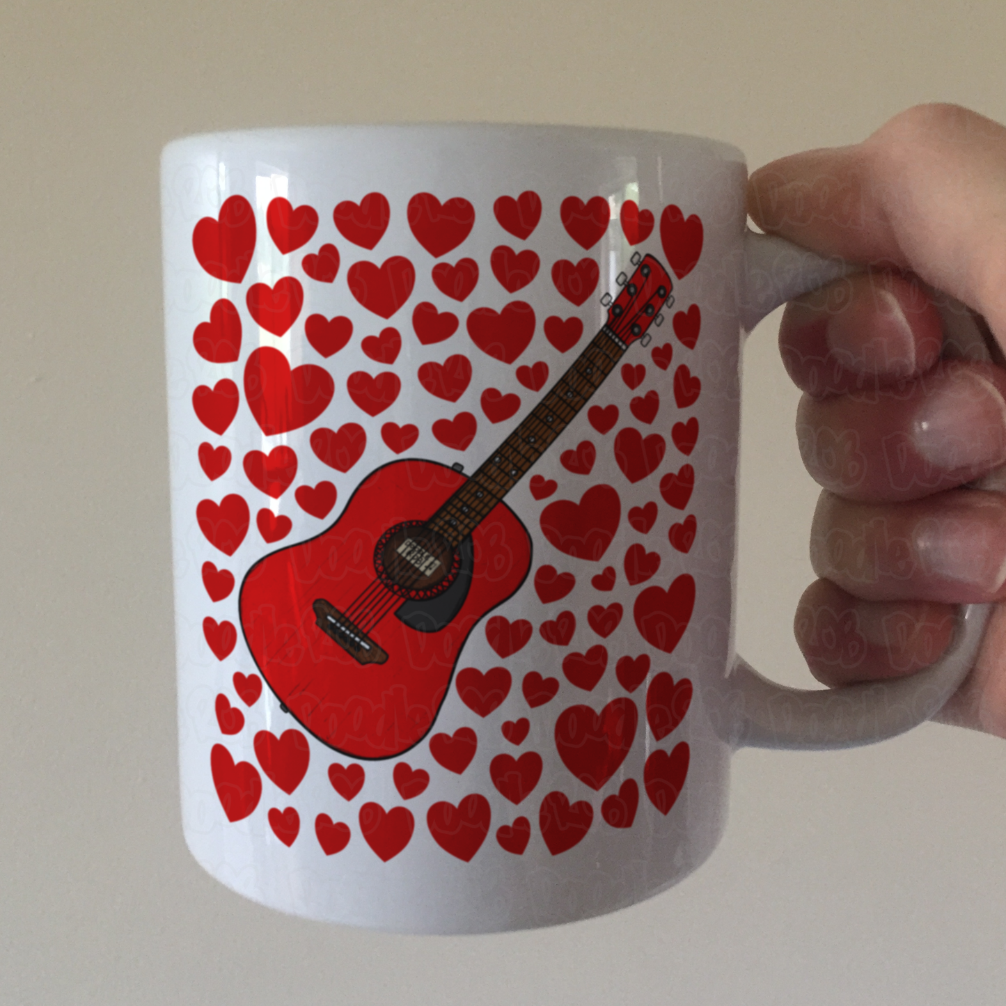 Acoustic Guitar With Hearts Mug - Guitarist Gift - Valentines Anniversary Gift