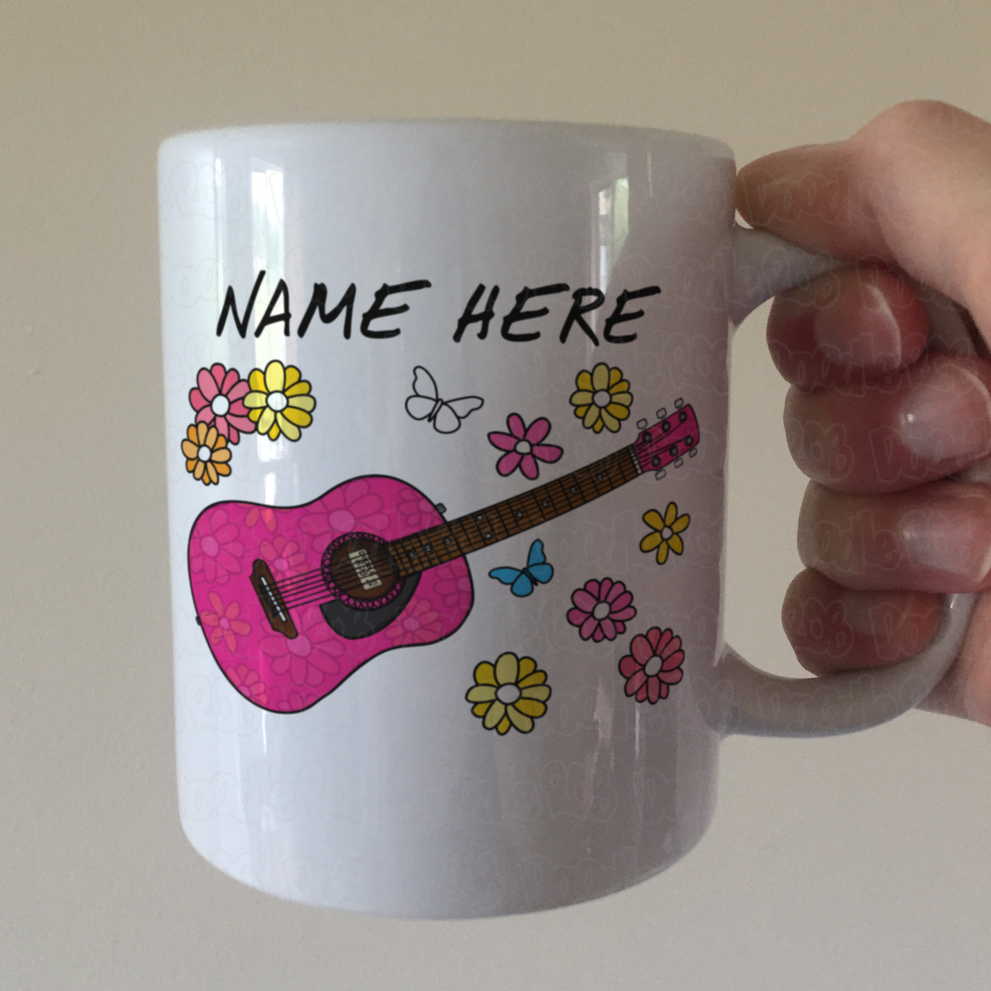 Floral Acoustic Guitar Personalised Mug - Custom Guitar Mug - Guitarist Gift For Her