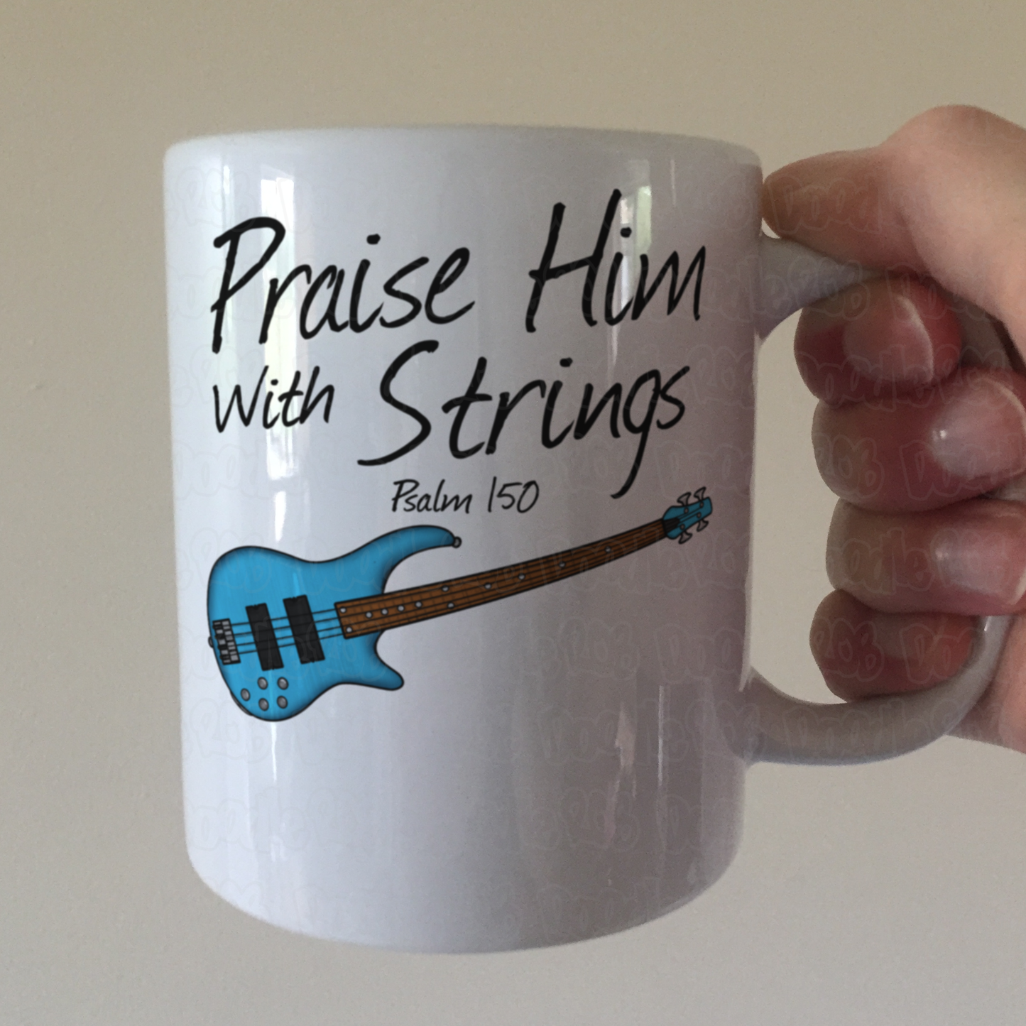 Church Bass Guitar Mug - Praise Him With Strings (Psalm 150) - Gift For Christian Bassist