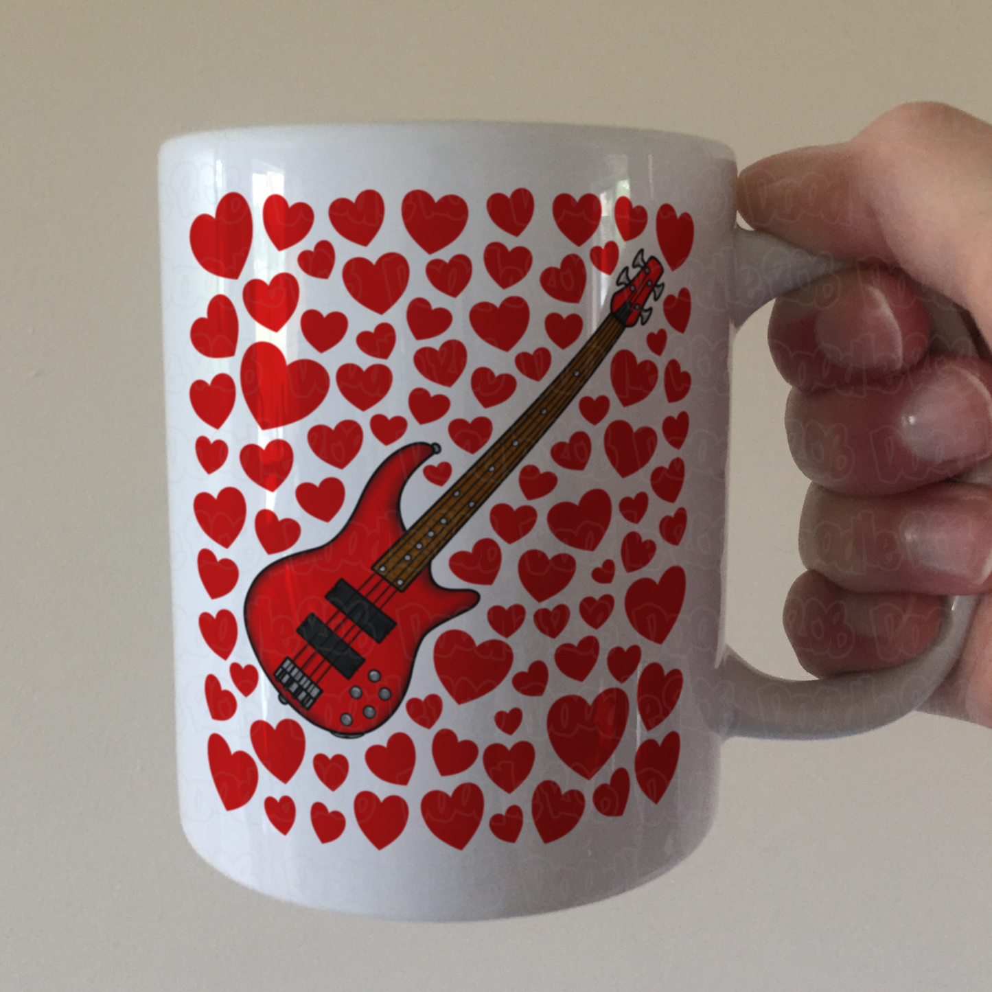 Bass Guitar With Hearts Mug - Bassist Gift - Musician Valentines Anniversary Gift
