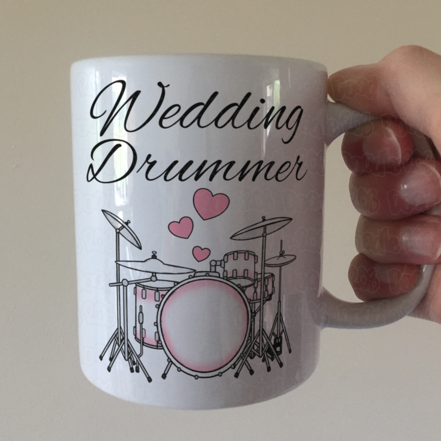 Wedding Drummer Mug - Drum Kit With Pink Hearts - Musician Gift