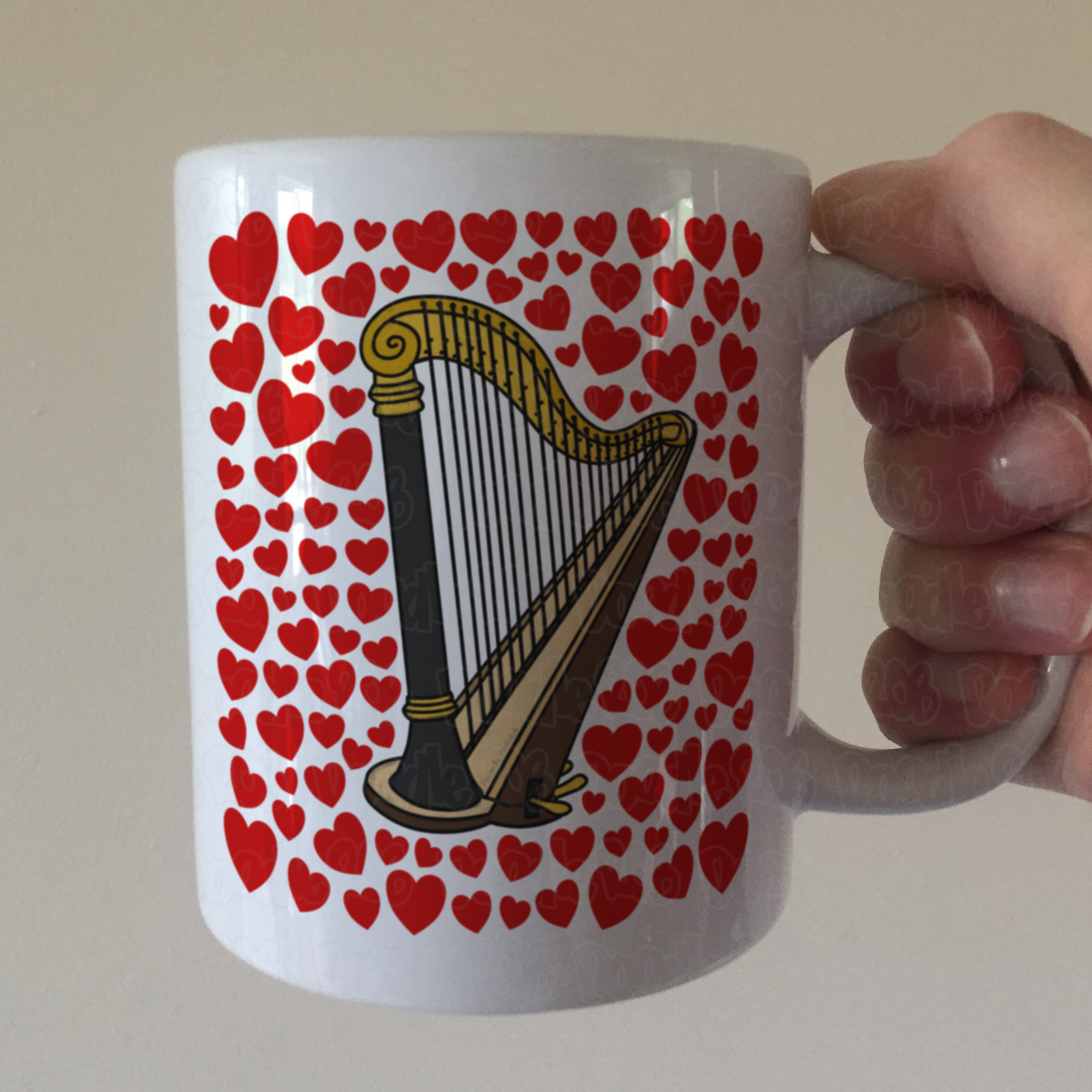 Harp With Hearts Mug - Gift For Harpist - String Musician Valentines Anniversary Gift