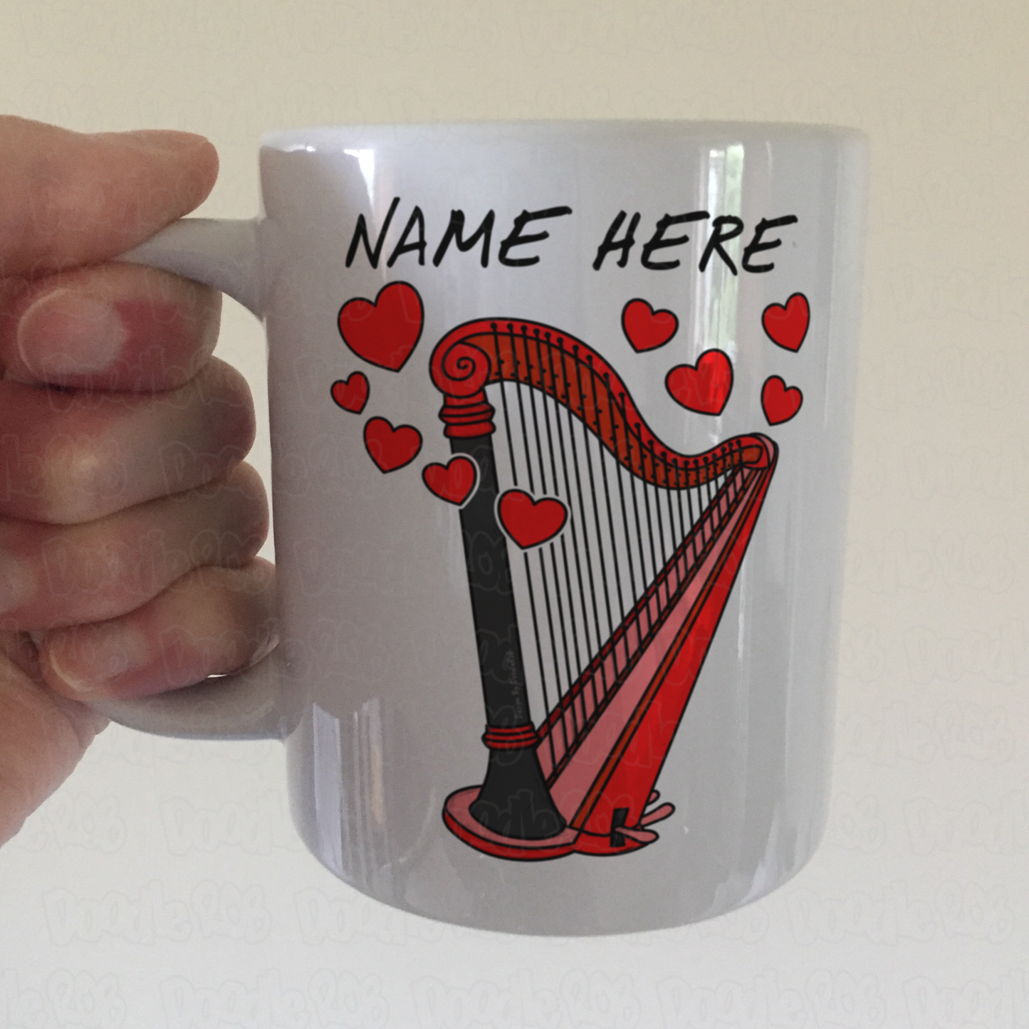 Harp Personalised Mug (Hearts) - Custom Gift For Harpist - Wedding Harpist Gift - Valentines Musician Mug
