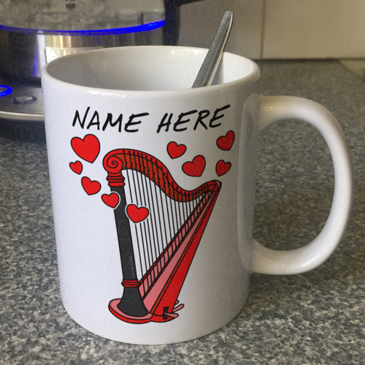 Harp Personalised Mug (Hearts) - Custom Gift For Harpist - Wedding Harpist Gift - Valentines Musician Mug