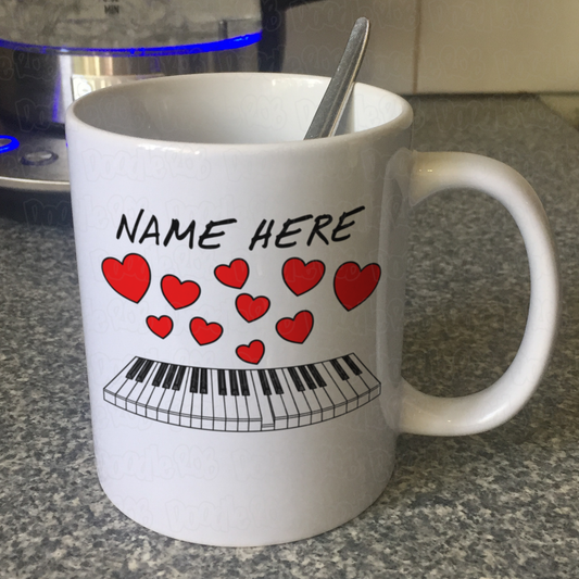 Piano Personalised Mug (Hearts) - Wedding Pianist Mug - Custom Piano Gift For Her