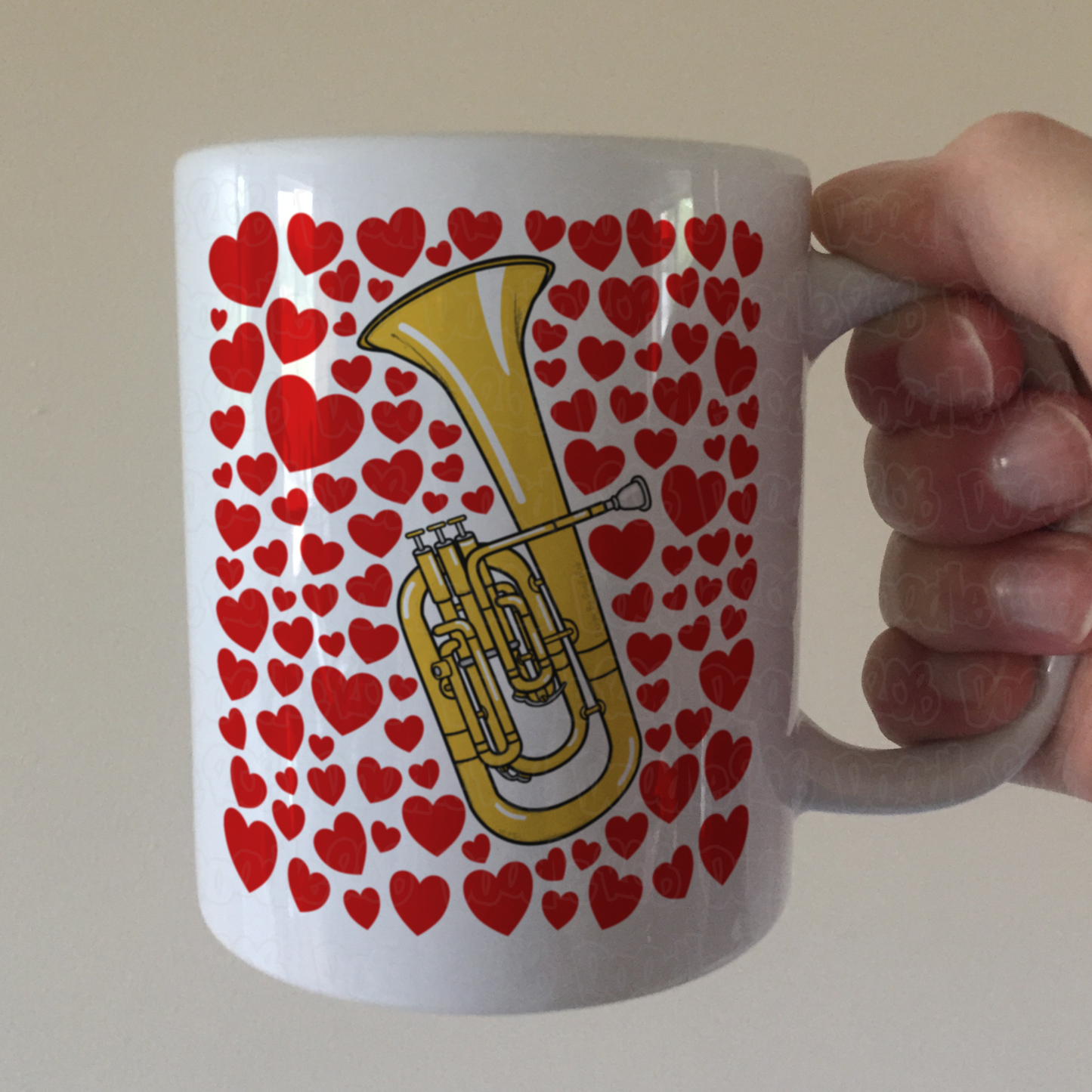 Tenor Horn With Hearts Mug - Gift For Horn Player - Brass Musician Valentines Anniversary Gift