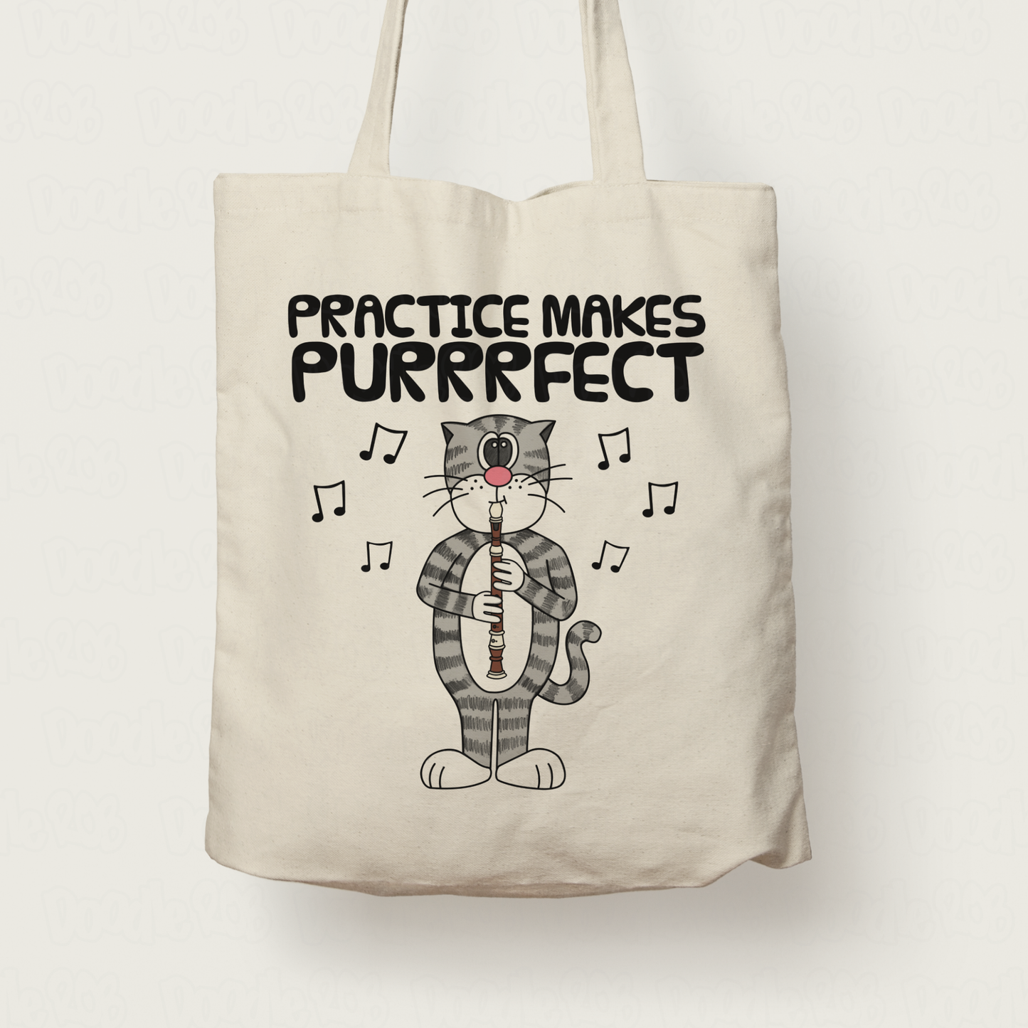 Cat Playing Recorder Tote Bag - Practice Makes Purrrfect - Gift For Recorderist - School Music Teacher Gift