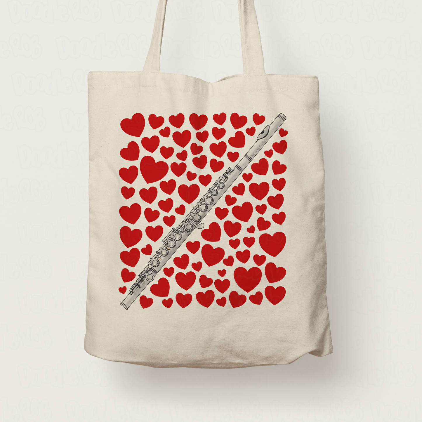 Flute With Hearts Tote Bag - Gift For Flautist - Woodwind Musician Valentines Anniversary Gift