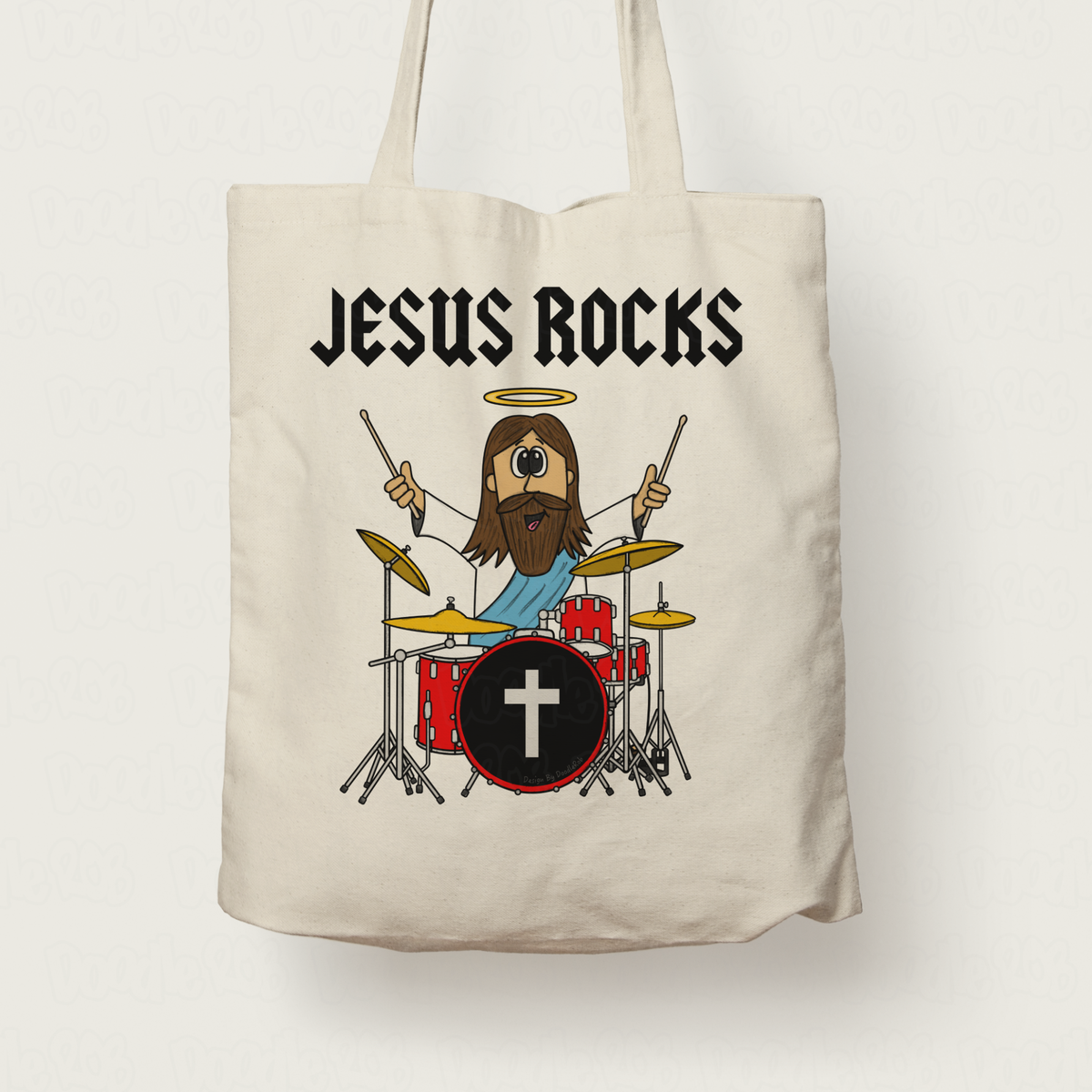 Church Drummer Tote Bag - Jesus Rocks - Jesus Playing Drums - Christian Drummer Gift