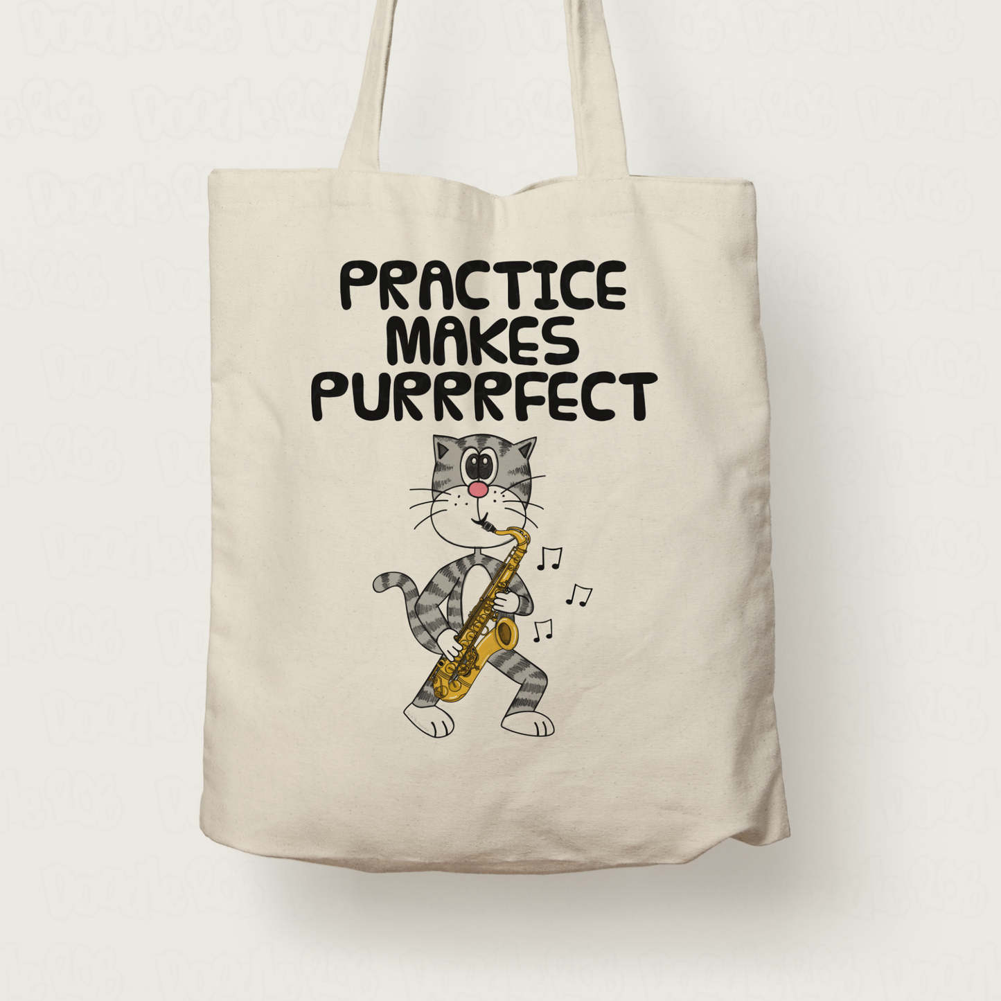 Cat Playing Saxophone Tote Bag - Practice Makes Purrrfect - Gift For Saxophonist - Music Teacher Gift