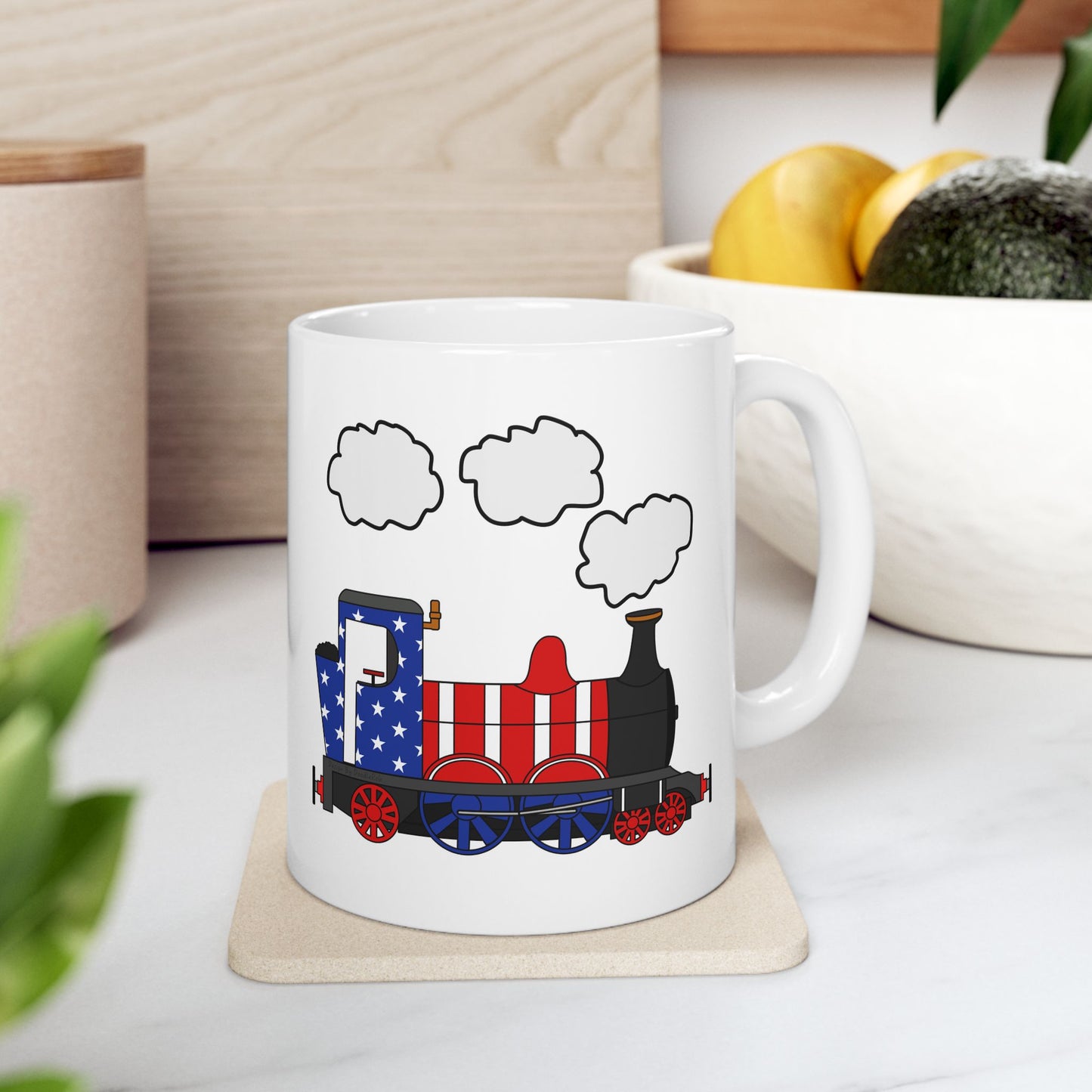 Steam Train USA Flag Mug - Patriotic Train Mug - 4th July Rail Enthusiast Gift (USA)