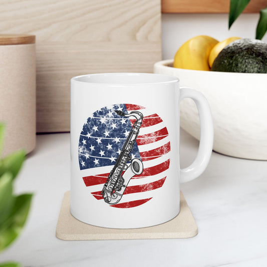 USA Flag Saxophone Mug, Patriotic Saxophonist Mug, 4th July Musician Gift