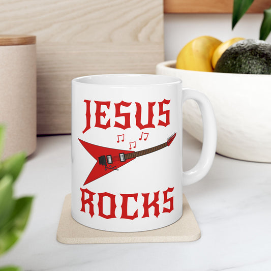 Church Guitarist Mug - Jesus Rocks - Electric Guitar Mug - Christian Musician Gift (USA)