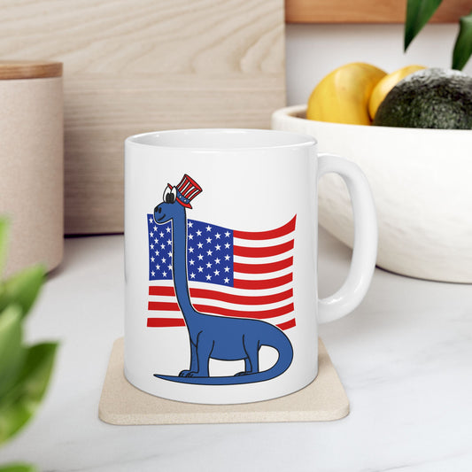 Diplodocus Dinosaur USA Flag Mug - Patriotic Dinosaur Mug - 4th July Dinosaur Gift