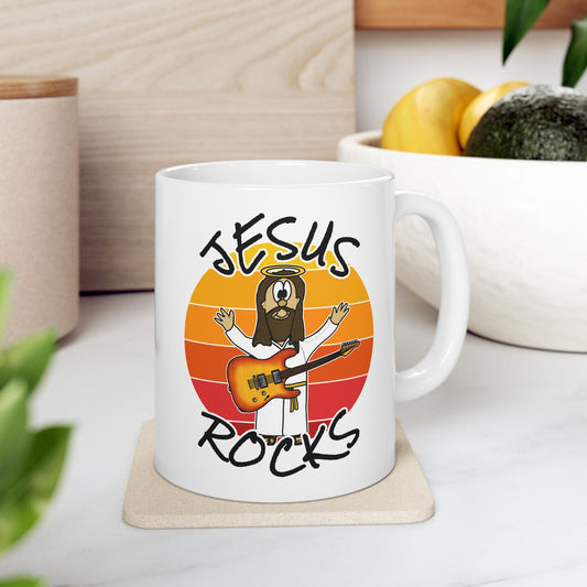 Christian Guitarist Mug - Jesus Rocks - Electric Guitar Teacher Gift - Worship Guitarist Mug (USA)