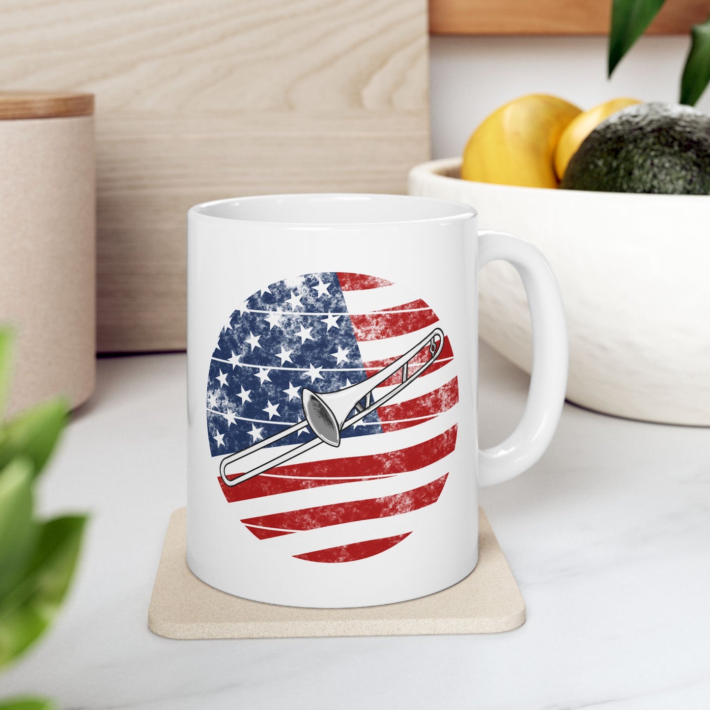 USA Flag Trombone Mug - Patriotic Trombonist Mug - 4th July Musician Gift
