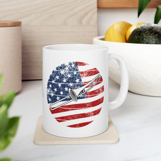 USA Flag Trombone Mug - Patriotic Trombonist Mug - 4th July Musician Gift