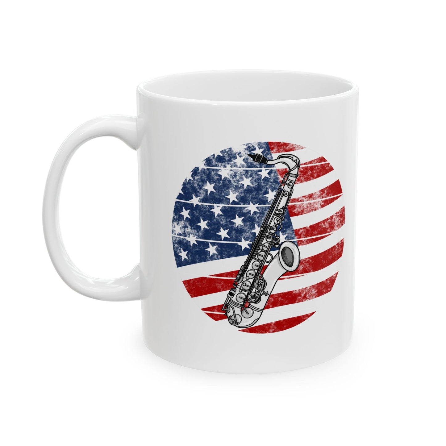 USA Flag Saxophone Mug, Patriotic Saxophonist Mug, 4th July Musician Gift