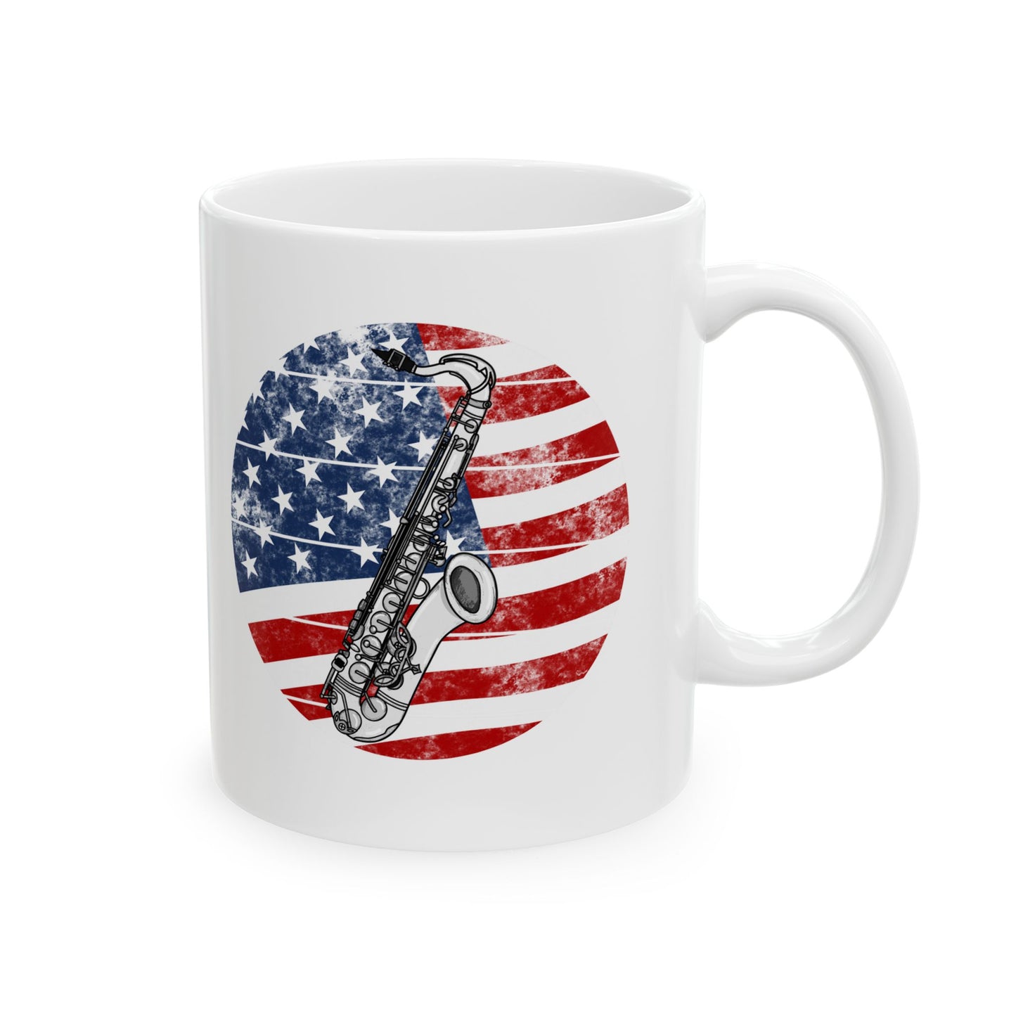 USA Flag Saxophone Mug, Patriotic Saxophonist Mug, 4th July Musician Gift