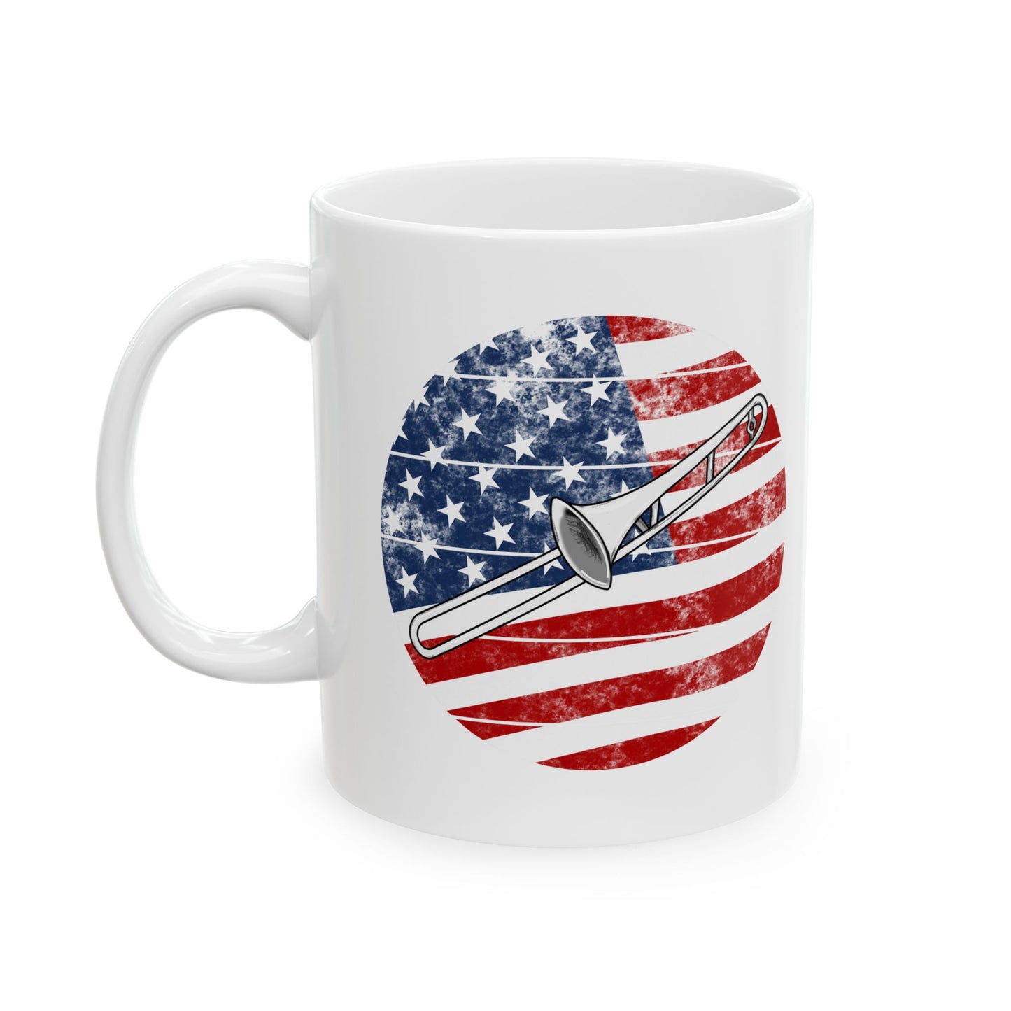 USA Flag Trombone Mug - Patriotic Trombonist Mug - 4th July Musician Gift