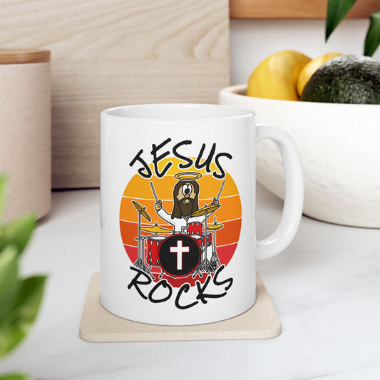 Christian Drummer Mug - Jesus Rocks - Drum Teacher Gift - Worship Drummer Mug (USA)