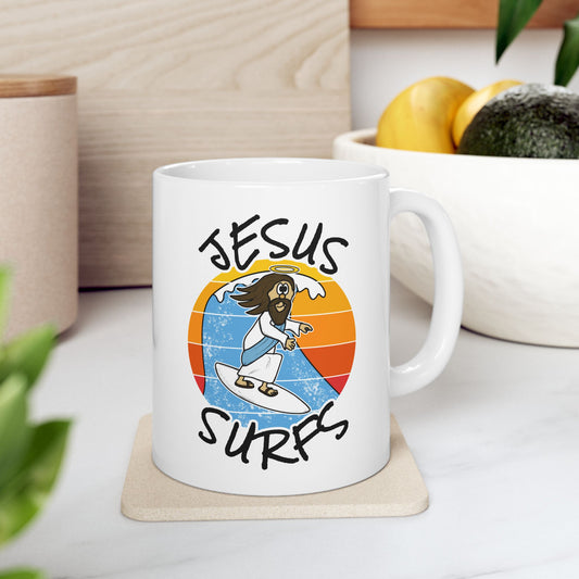 Christian Surfer Mug - Jesus Surfs - Funny Surfing Mug - Gift For Youth Pastor (USA)