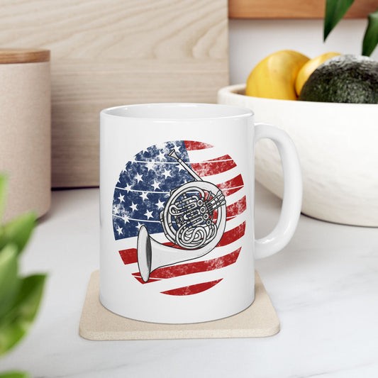USA Flag French Horn Mug - Patriotic Brass Player Gift - 4th July Musician Mug