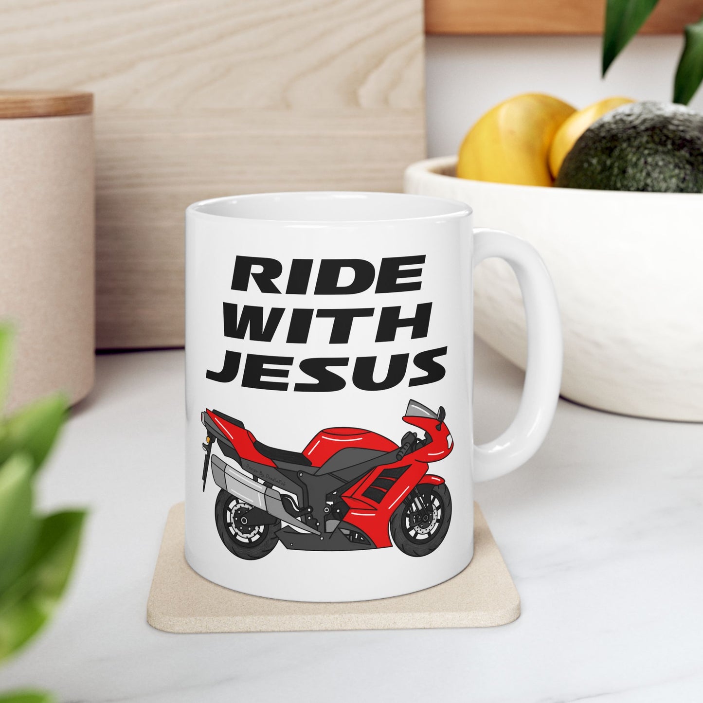 Christian Biker Mug - Ride With Jesus - Church Motorbike Mug - Gift For Motorcycle Enthusiast (USA)