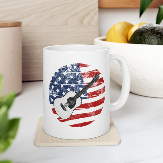 USA Flag Acoustic Guitar Mug - Patriotic Guitarist Gift - 4th July Musician Mug