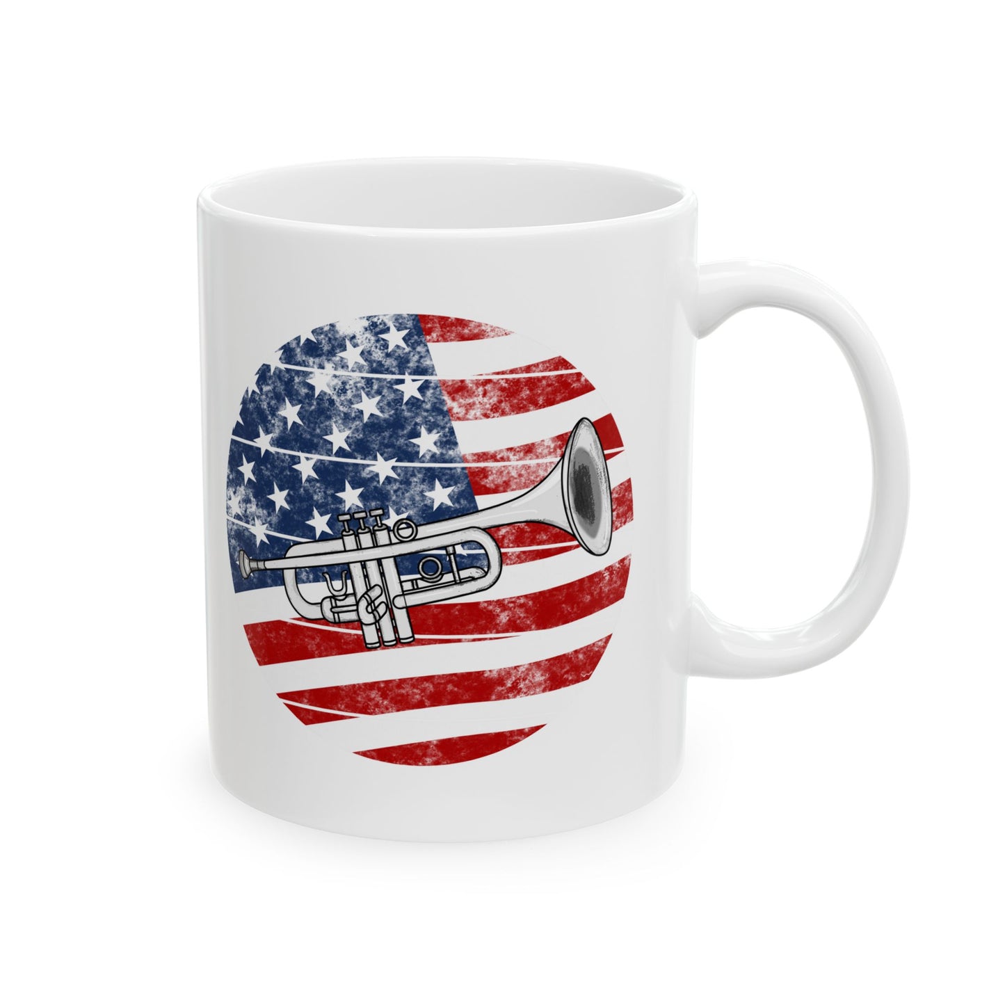 USA Flag Trumpet Mug - Patriotic Trumpeter Mug - 4th July Musician Gift