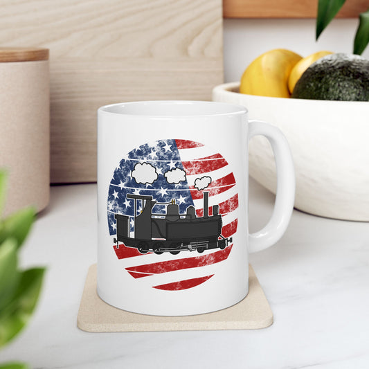 Steam Train USA Flag Mug - Patriotic Railroad Enthusiast Mug - 4th July Gift For Boy