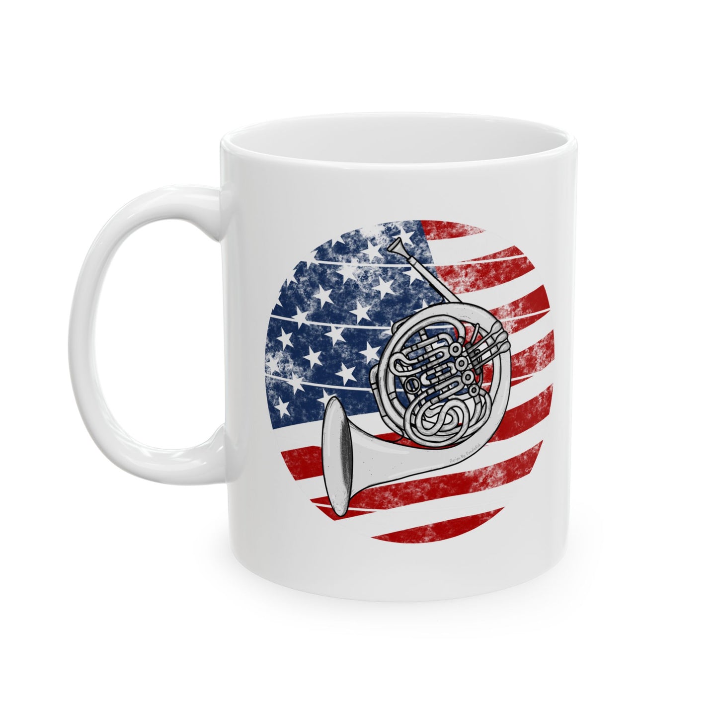 USA Flag French Horn Mug - Patriotic Brass Player Gift - 4th July Musician Mug