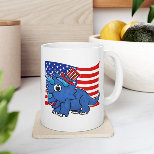 Triceratops Dinosaur USA Flag Mug - Patriotic Dinosaur Mug - 4th July Dinosaur Gift