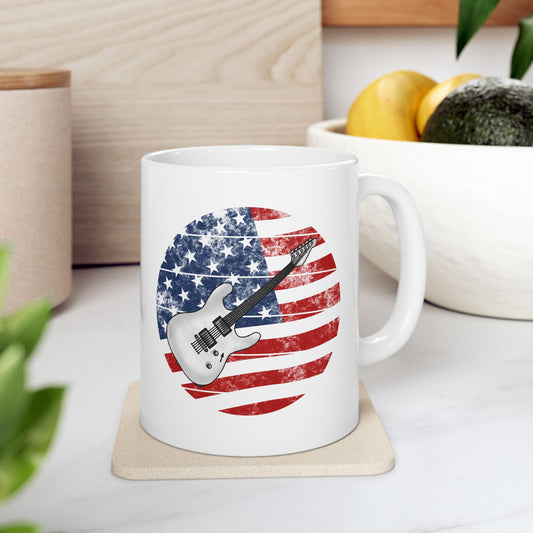 USA Flag Electric Guitar Mug - Patriotic Guitarist Mug - 4th July Musician Gift