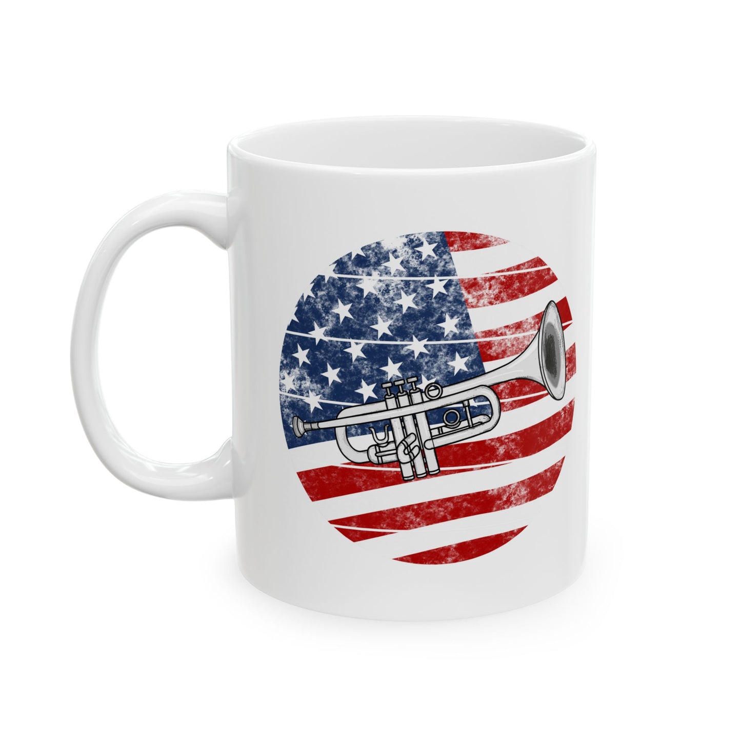USA Flag Trumpet Mug - Patriotic Trumpeter Mug - 4th July Musician Gift