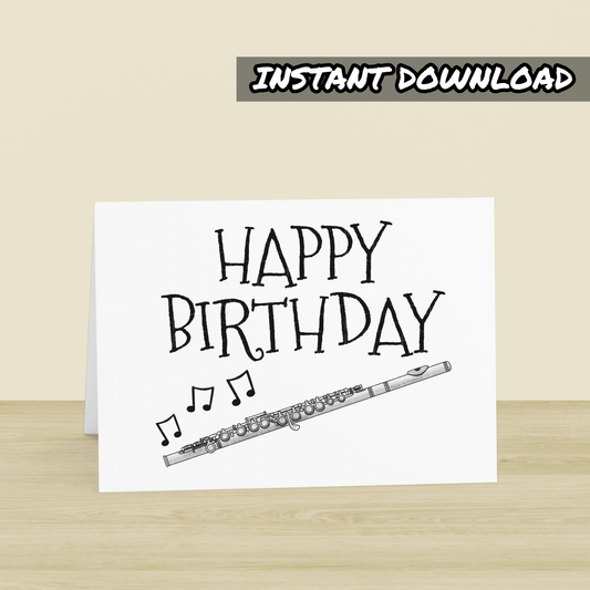 Flute Printable Birthday Card - Flutist Happy Birthday - Digital Download To Print Yourself