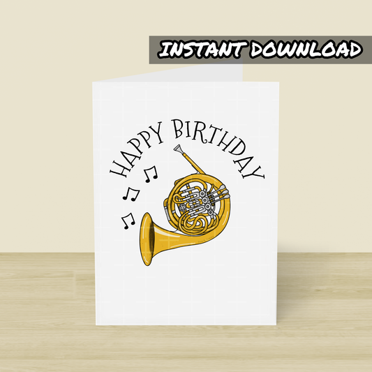 French Horn Printable Birthday Card - Horn Player Happy Birthday - Digital Download To Print Yourself
