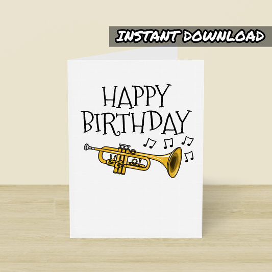 Trumpet Printable Birthday Card - Trumpeter Happy Birthday - Digital Download To Print Yourself