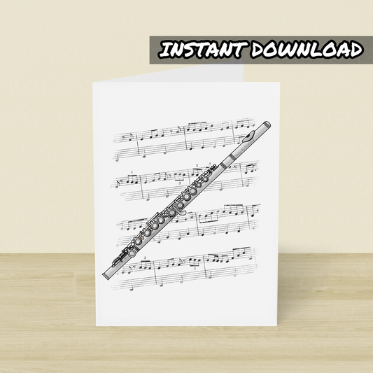 Flute Printable Card (Music Notation) - Flutist Greeting Card - Digital Download To Print Yourself