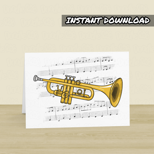 Trumpet Printable Card (Music Notation) - Trumpeter Greeting Card - Digital Download To Print Yourself