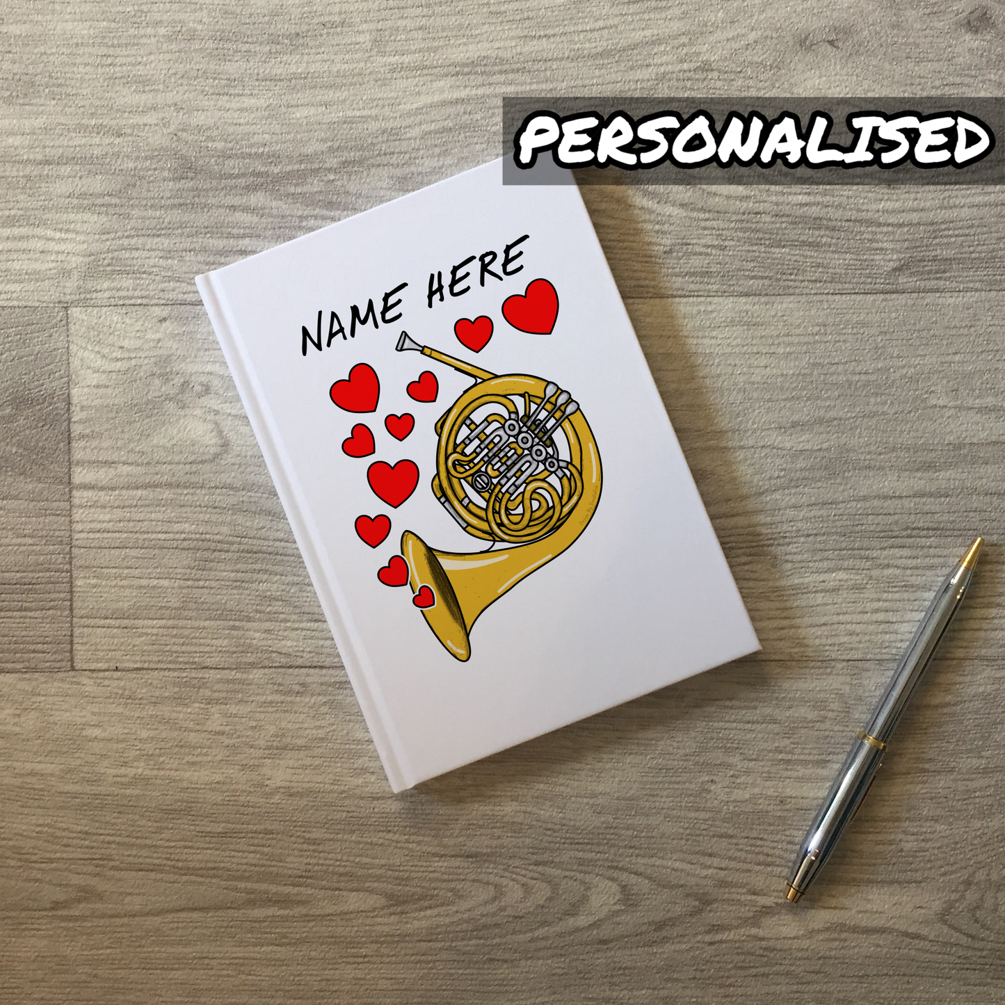 French Horn Personalised Journal (Hearts) - Horn Player Custom Gift - Brass Musician Valentines Gift