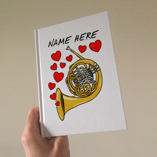 French Horn Personalised Journal (Hearts) - Horn Player Custom Gift - Brass Musician Valentines Gift